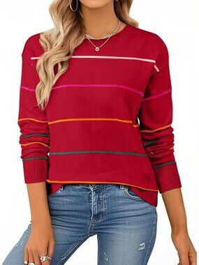 🆕 Women's Red Striped Crew Neck Knit Long Sleeve Cozy Pullover Sweater
